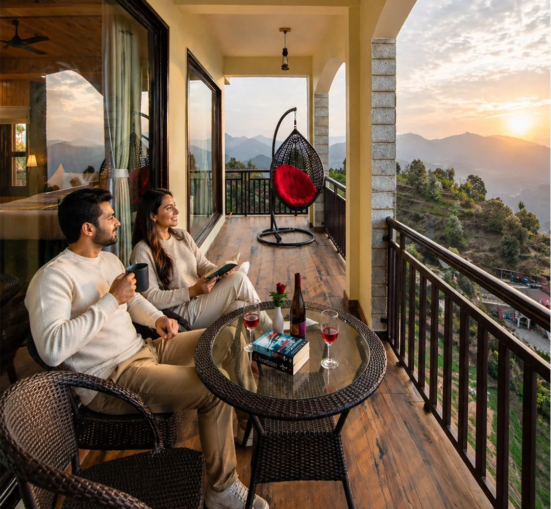 Couple relaxing on a resort balcony with mountain views at sunset in Mukteshwar