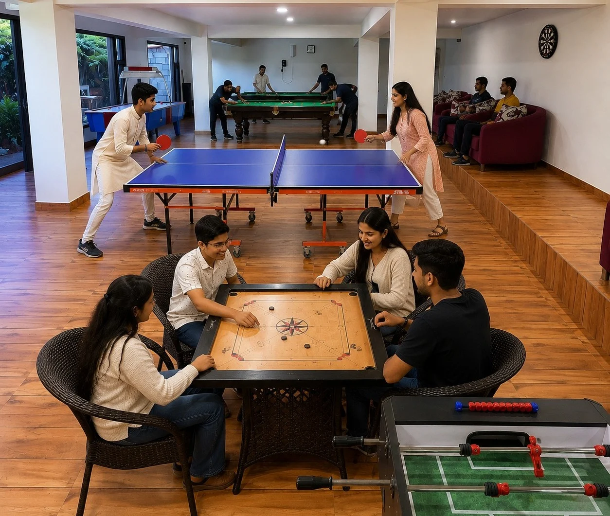 Games room where guests play table tennis, carrom, and pool, with foosball in the foreground.