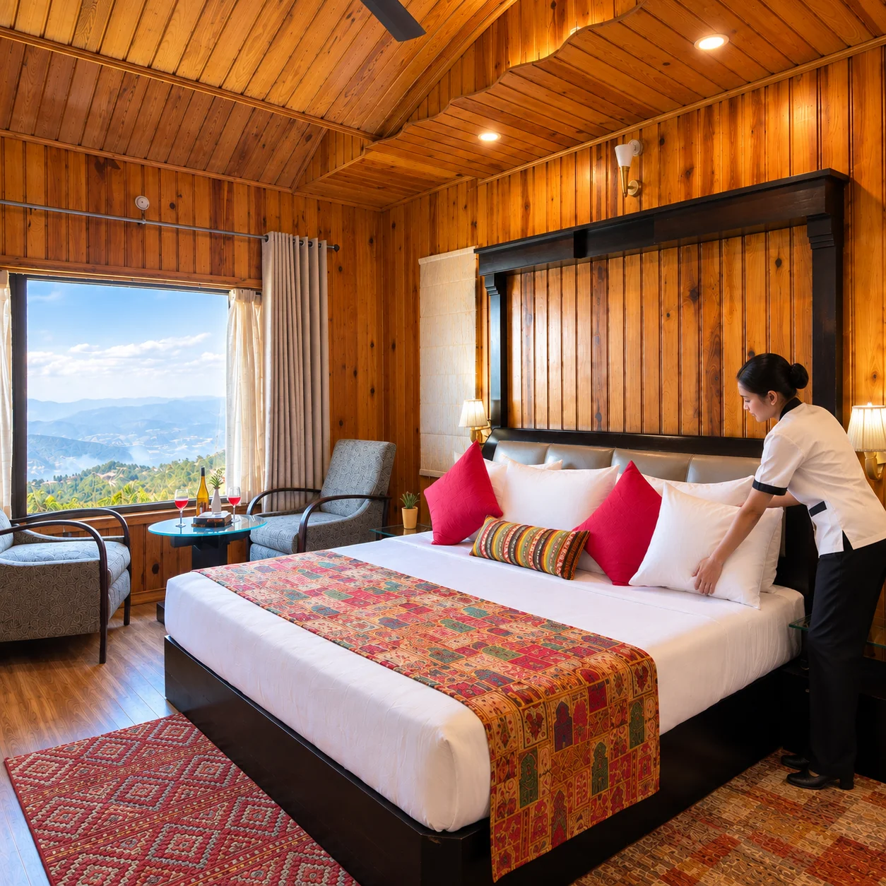 Wood-paneled mountain suite with a housekeeper arranging pillows on a bed, with a window overlooking misty hills.