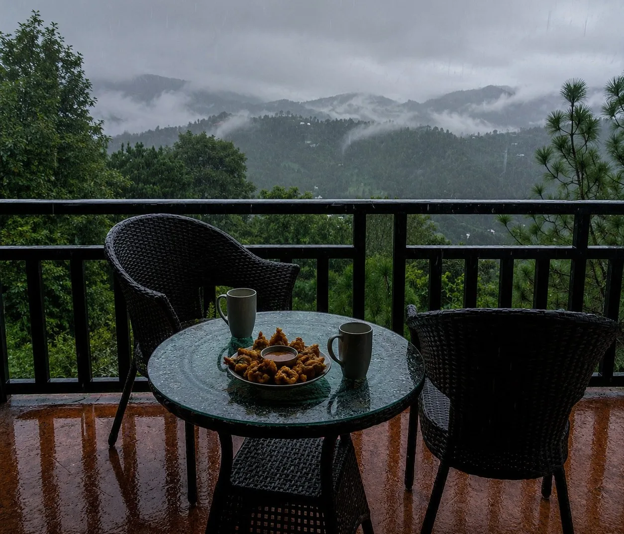 Rainy balcony table with two mugs and a plate of pakoras facing misty, forested mountains.