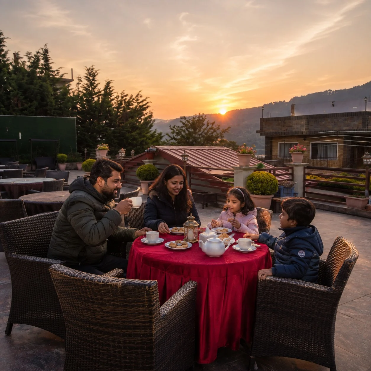 Family of four having tea and snacks on a rooftop terrace at sunset.