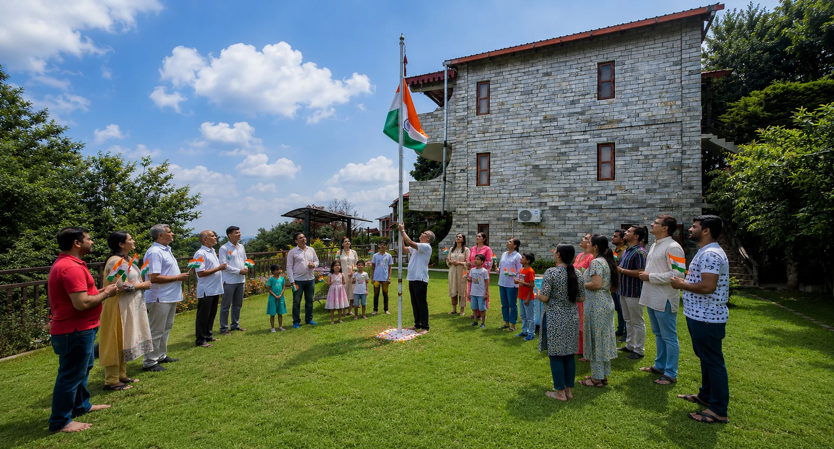 men celebrating Independence Day at Ojaswi Himalayan Resort in Mukteshwar