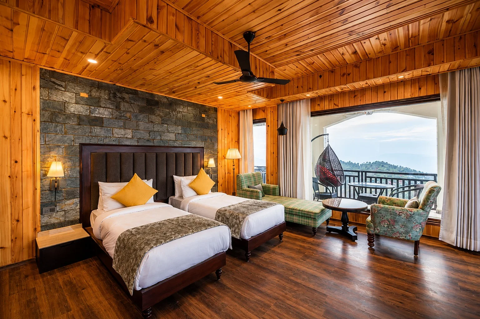 Buransh Retreat room at Ojaswi Himalayan Resort Mukteshwar with warm wooden interiors and mountain views