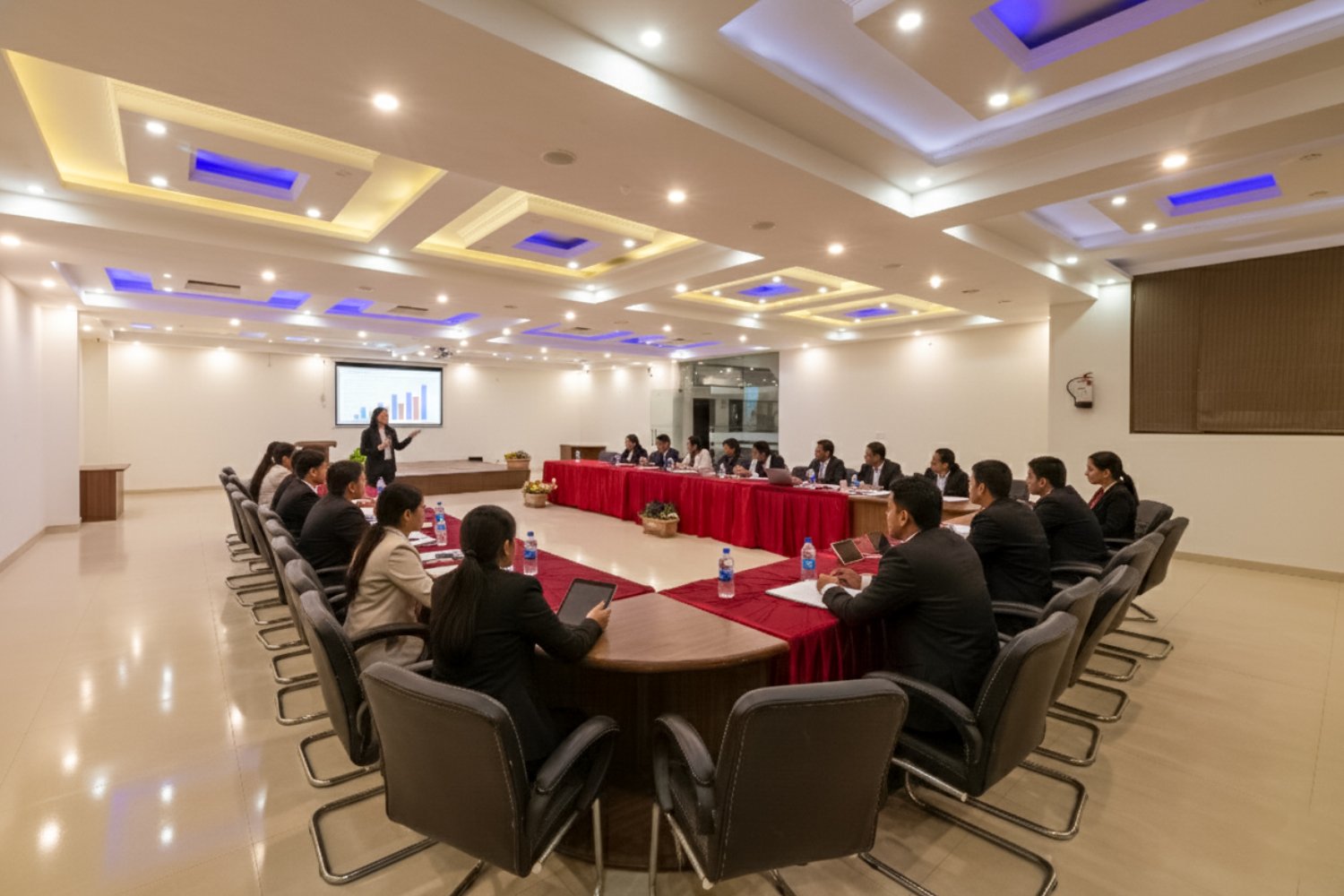 Leadership retreat session at Ojaswi Himalayan Resort Mukteshwar with panoramic Himalayan views from the meeting room