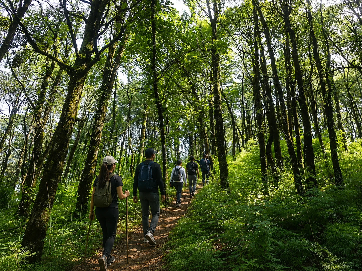 A group of hikers trekking through a lush green forest on a narrow woodland trail surrounded by tall trees and dense vegetation.