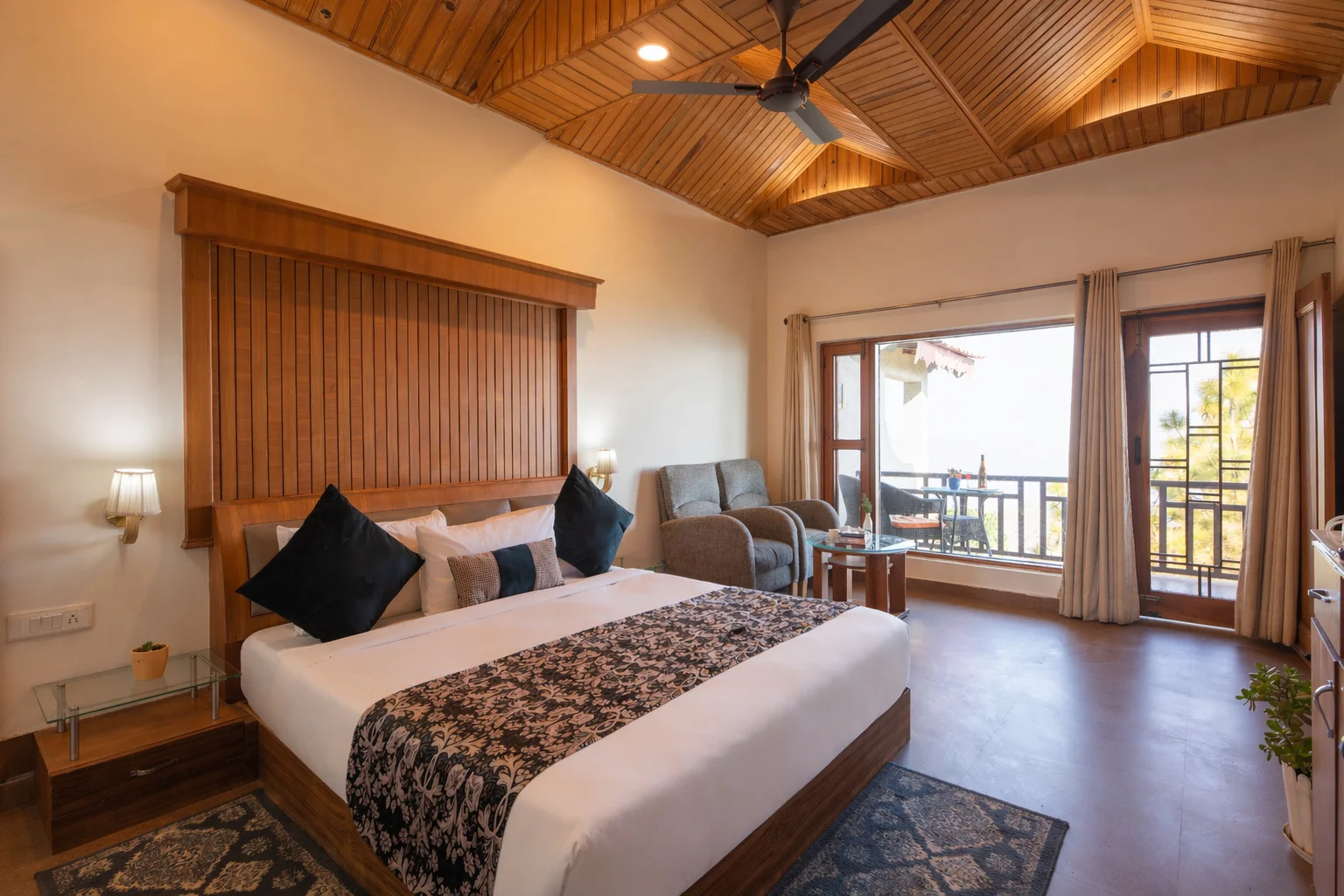 Spacious Terrace Room at Ojaswi Resort Mukteshwar, offering beautiful mountain views for families and groups.