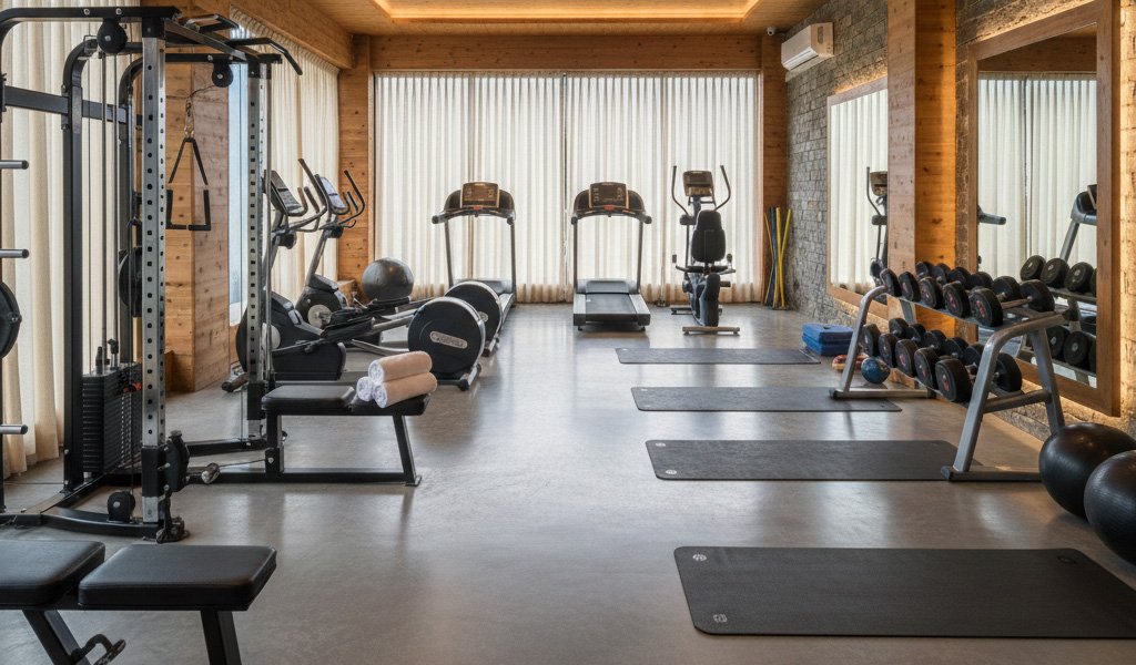 A modern gymnasium at Ojaswi Resort featuring treadmills and other fitness equipment, with large windows offering a motivating mountain view.