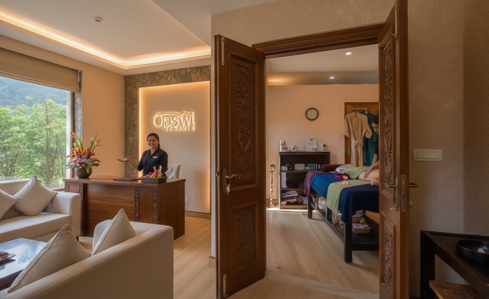 Professional Ayurvedic spa therapy room at Ojaswi Resort Mukteshwar, offering relaxing wellness treatments in the hills.