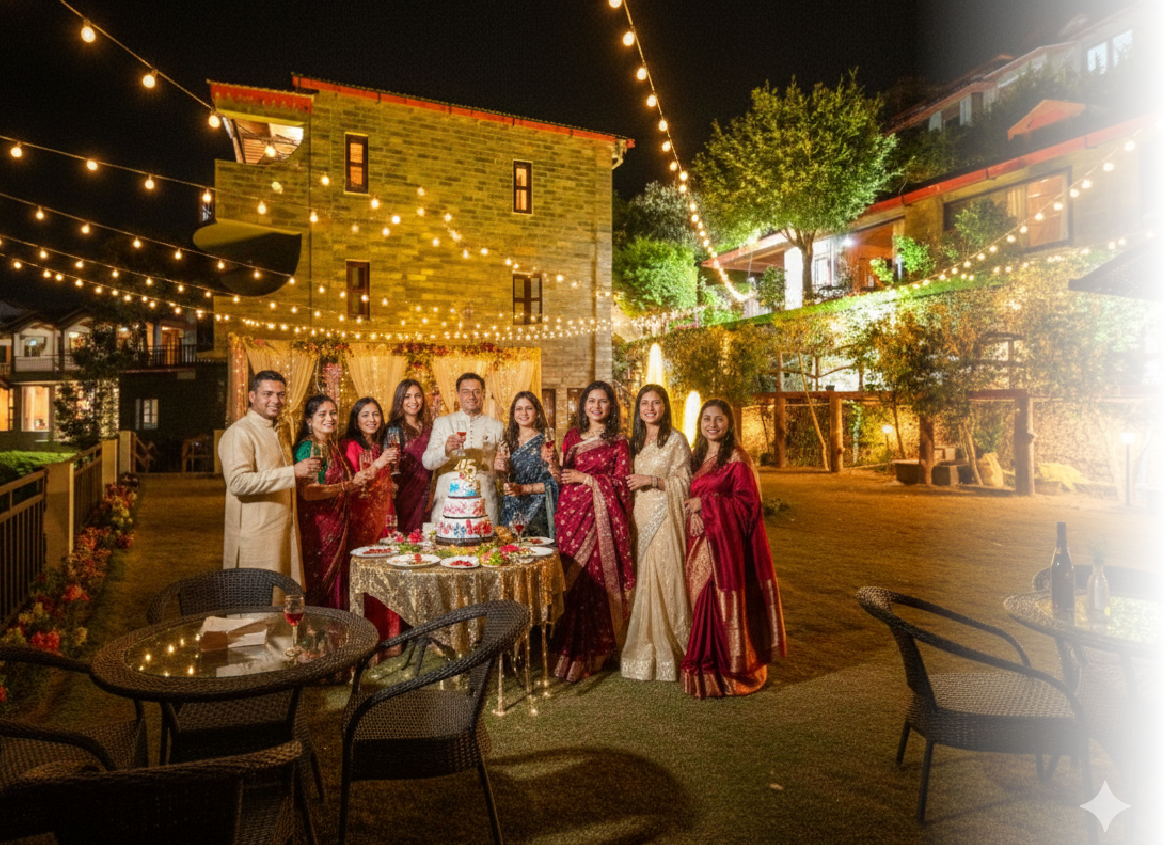 Celebrate a renewal of vows in Mukteshwar at Ojaswi Resort, featuring stunning valley views and elegant decor.