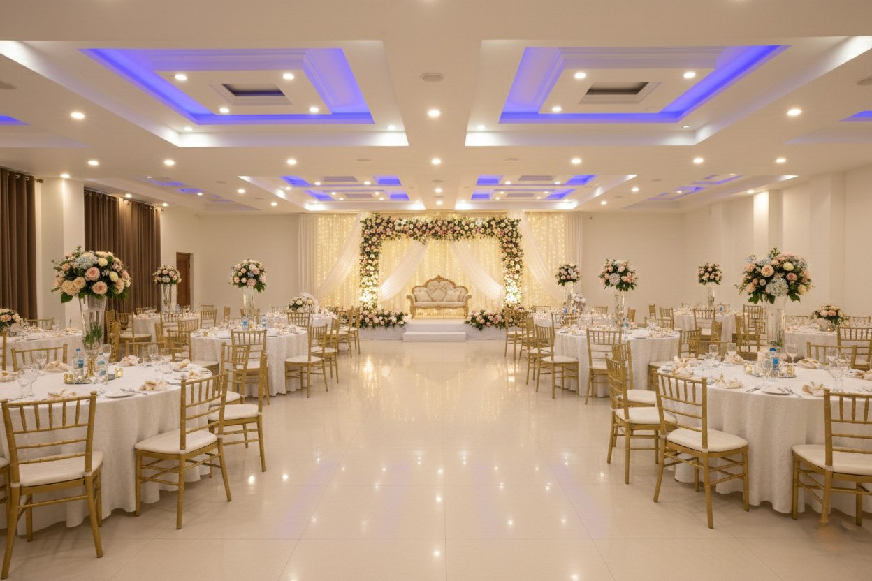 Spacious wedding lawn at Ojaswi Resort with a lush forest backdrop, ideal for grand Himalayan destination weddings.