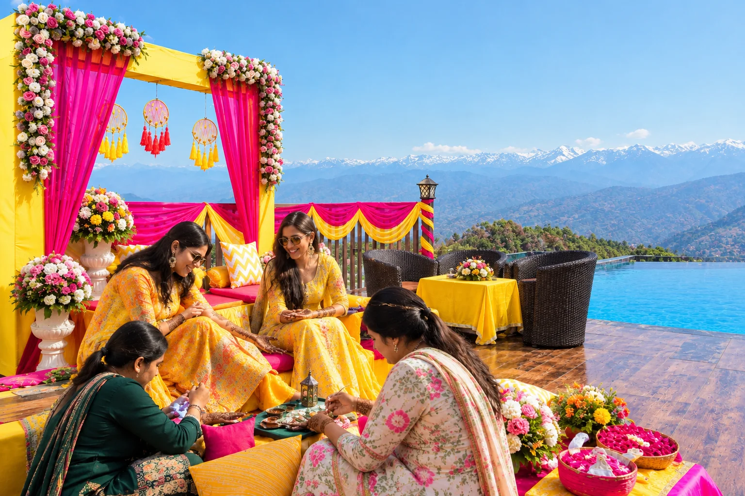 Vibrant Mehndi ceremony decor at Ojaswi Resort, featuring colorful outdoor seating and scenic mountain views.