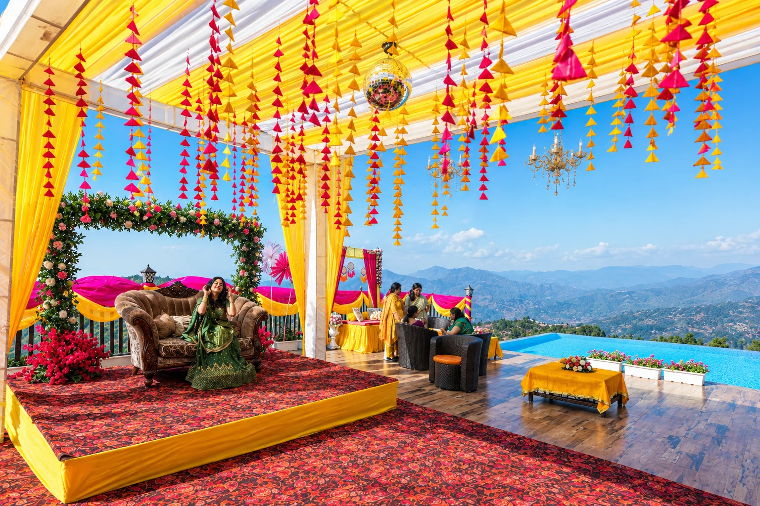 Outdoor pool side event space in Mukteshwar with scenic forest views, ideal for grand weddings and celebrations.