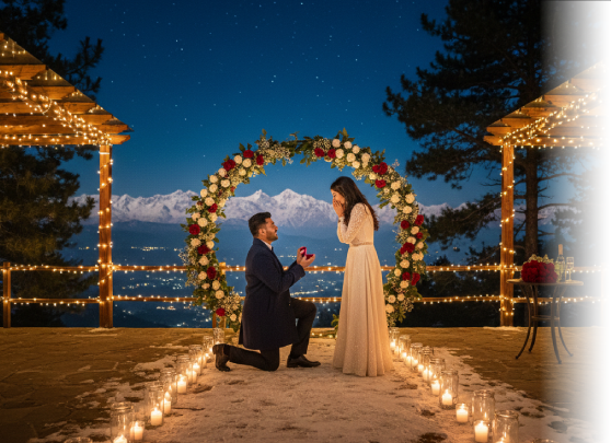 The best mountain proposal spot in Mukteshwar at Ojaswi Resort, offering scenic backdrops for a dream engagement.