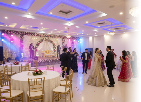 Outdoor Sangeet venue in Mukteshwar at Ojaswi Resort, beautifully lit for unforgettable wedding festivities.