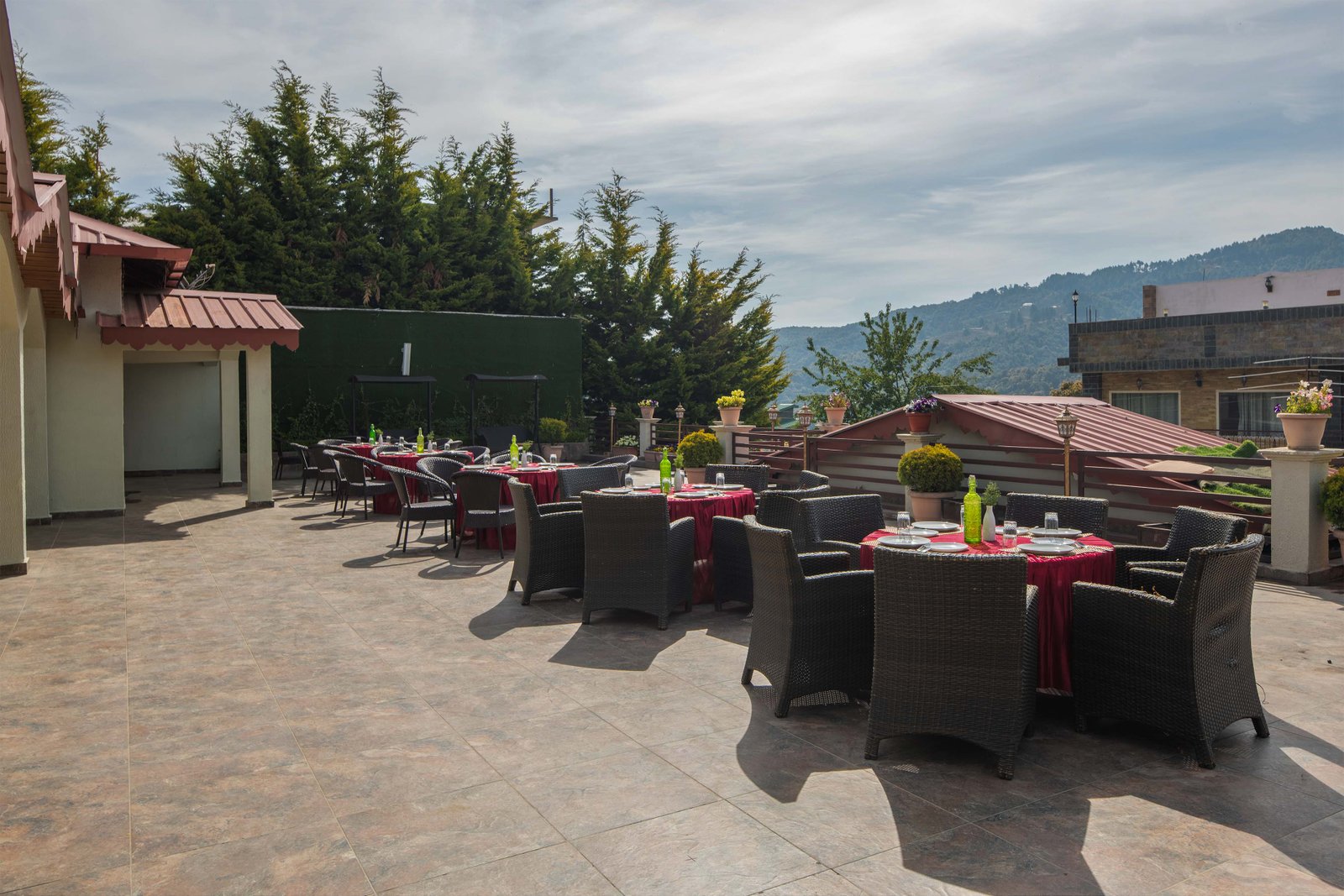 Classically elegant Terrace View venue at Ojaswi Resort, blending modern decor with traditional Himalayan aesthetics.