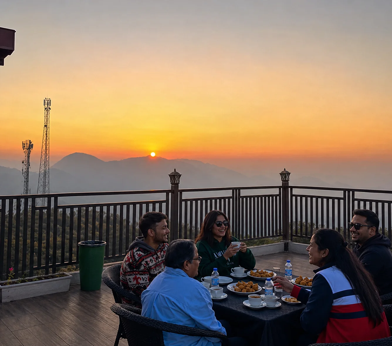 Guests enjoying a Sunset Hi-Tea on a deck with a stunning mountain view at Ojaswi Resort.